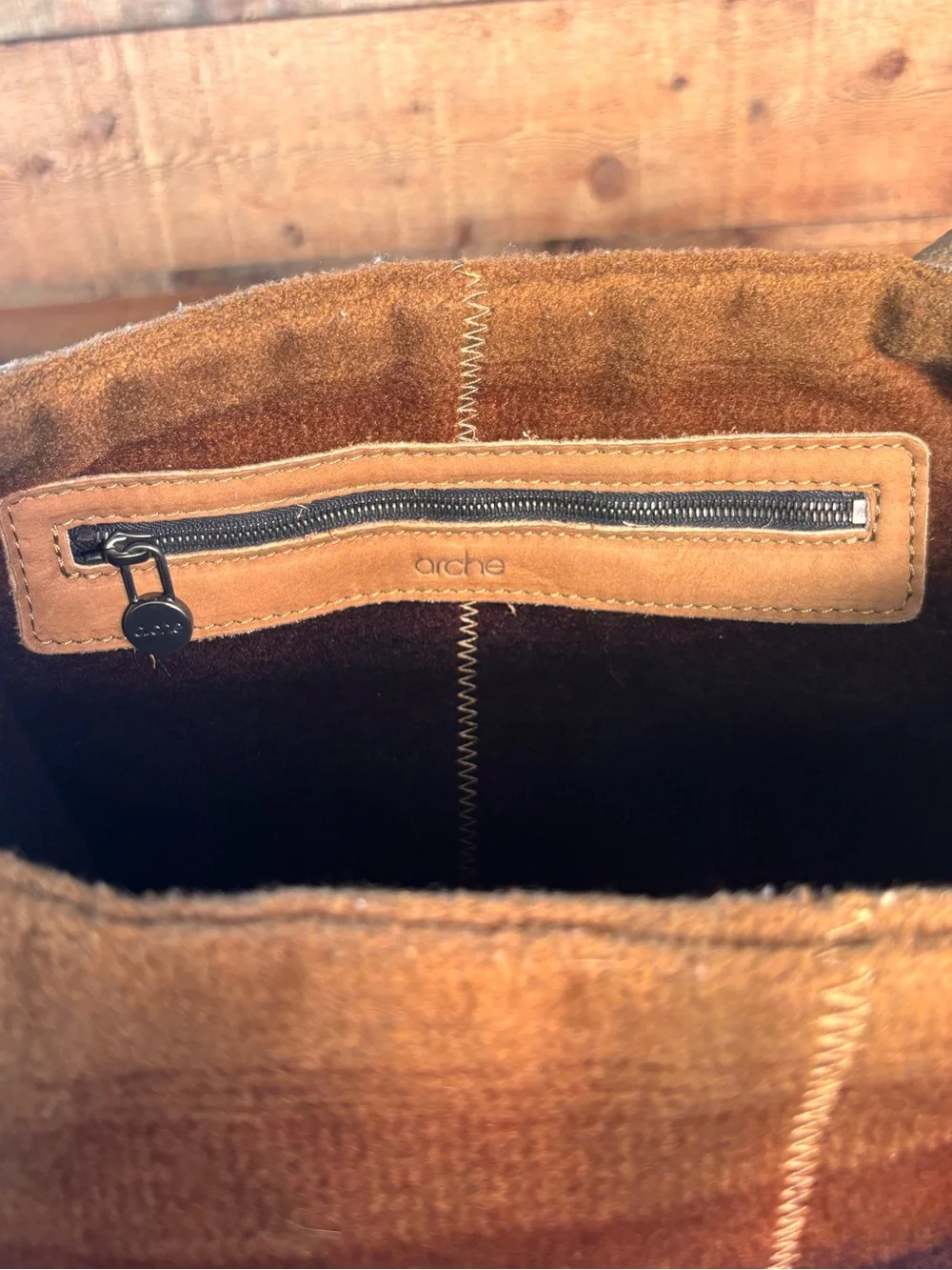 Arche France Brown Leather Wool Hobo Satchel Purse Striped Modern Bohemian $429